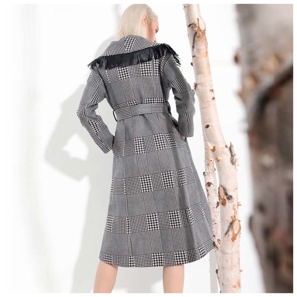 Houndstooth Microfiber Fringe Long Jacket - Picture 4 of 8